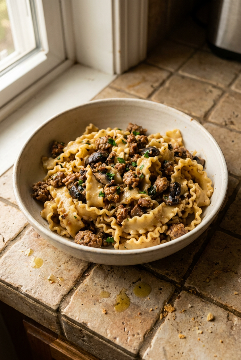 Creamy Mafalda with Italian Sausage & Mushroom Ragu