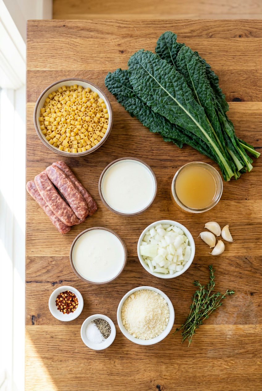 ingredients for Creamy One-Pot Ditalini with Sausage and Kale