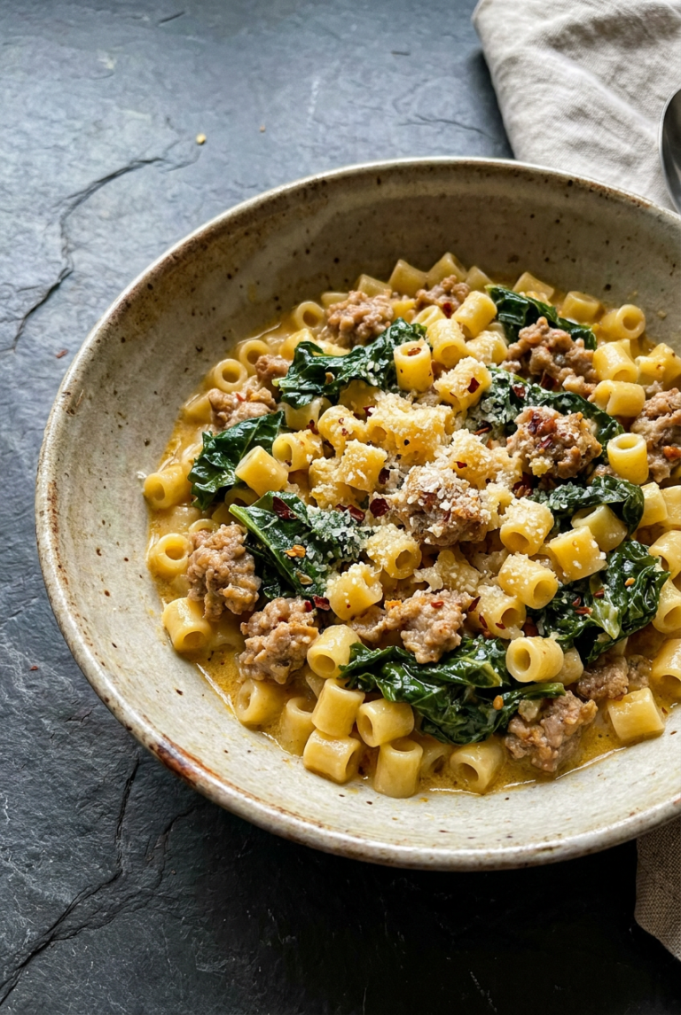 creamy one-pot ditalini with sausage and kale recipe - Creamy One-Pot Ditalini with Sausage and Kale served in a white bowl overhead view