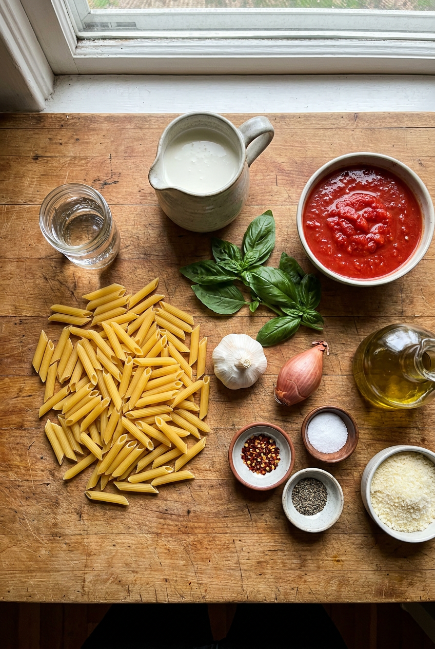 ingredients for Creamy Penne alla Vodka with Basil