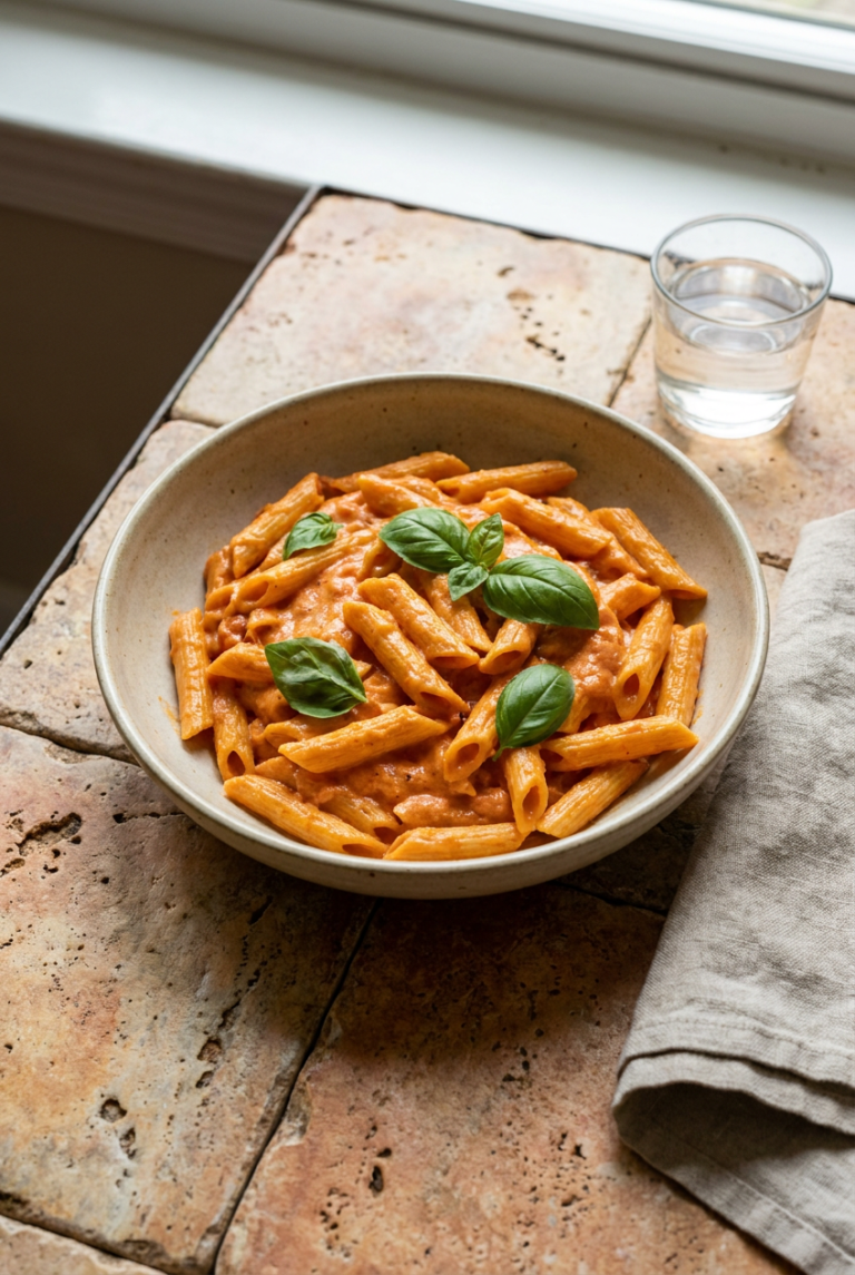 creamy penne alla vodka with basil recipe - Creamy Penne alla Vodka with Basil served in a white bowl overhead view