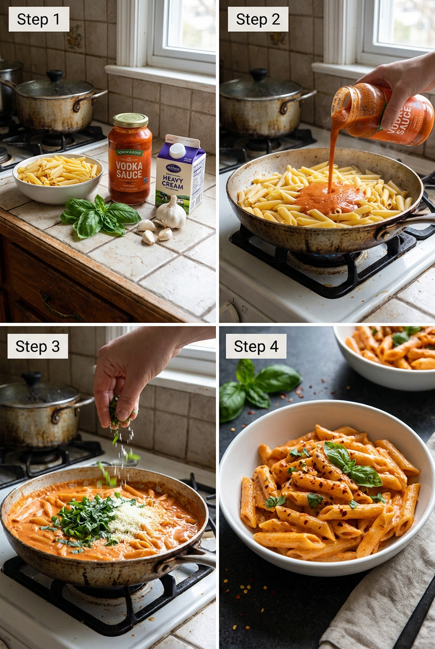 how to make Creamy Penne alla Vodka with Basil step by step