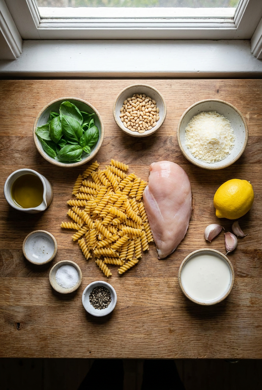 ingredients for Creamy Pesto Chicken Pasta Salad