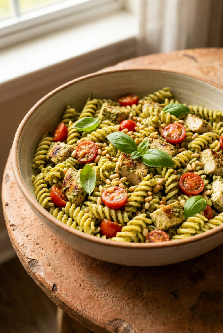creamy pesto chicken pasta salad recipe - Creamy Pesto Chicken Pasta Salad served in a white bowl overhead view