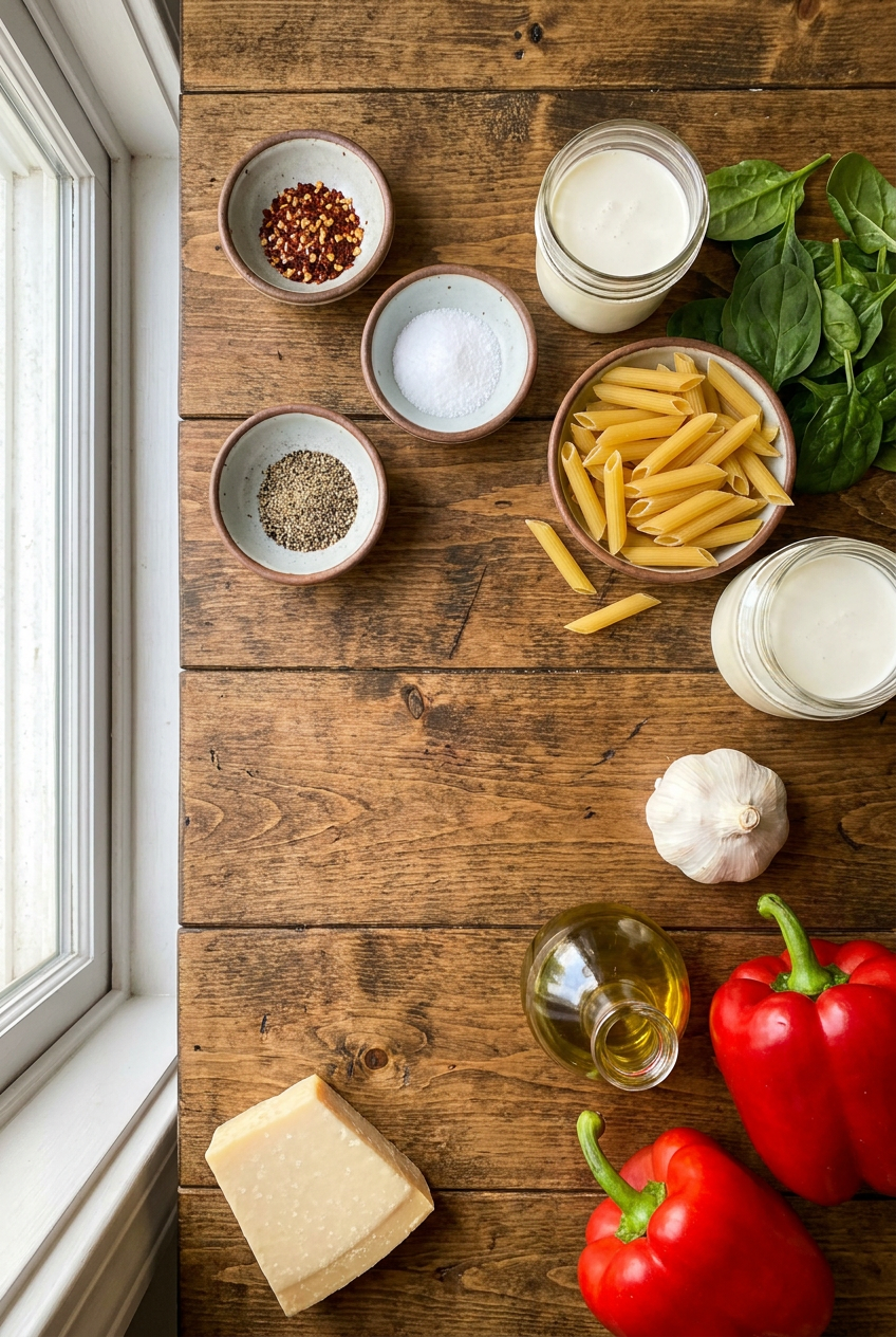 ingredients for Creamy Roasted Red Pepper Pasta with Spinach