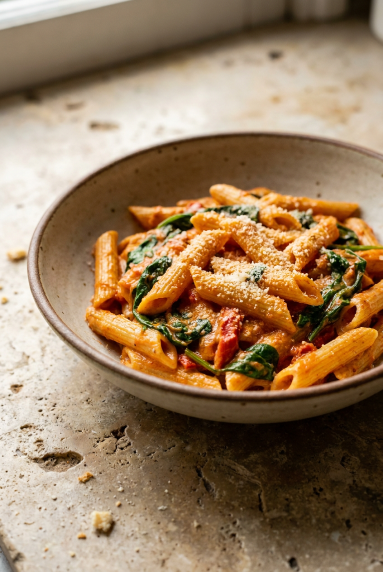 creamy roasted red pepper pasta with spinach recipe - Creamy Roasted Red Pepper Pasta with Spinach served in a white bowl overhead view
