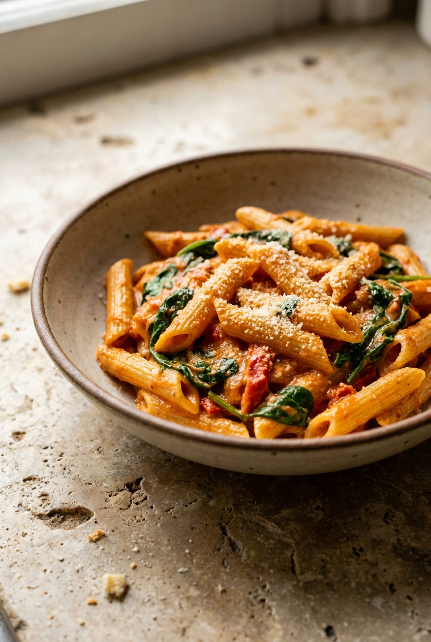 creamy roasted red pepper pasta with spinach recipe - Creamy Roasted Red Pepper Pasta with Spinach served in a white bowl overhead view