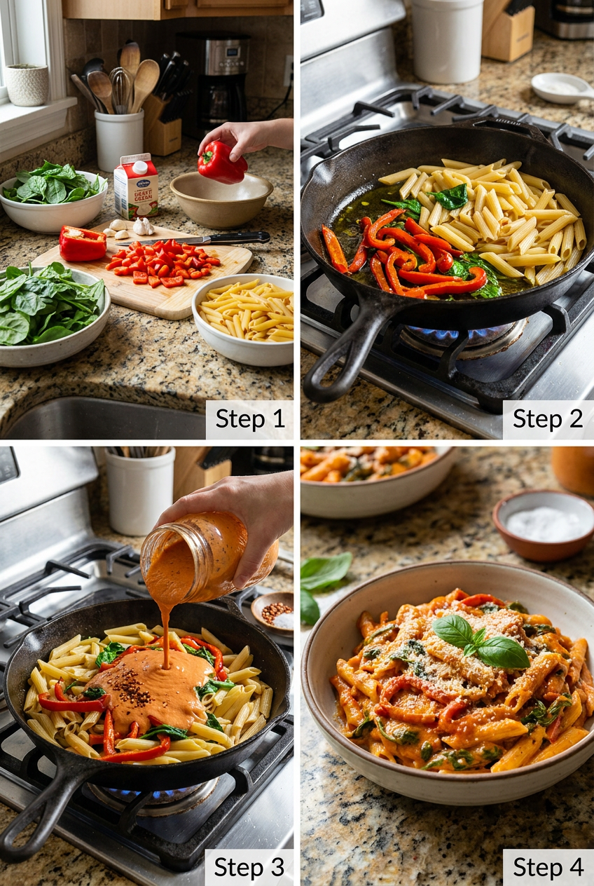 how to make Creamy Roasted Red Pepper Pasta with Spinach step by step