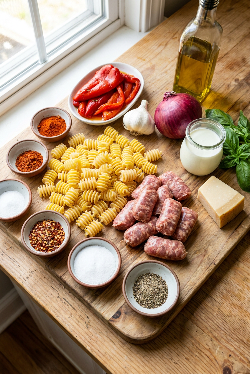 ingredients for Creamy Sausage and Roasted Red Pepper Radiatore