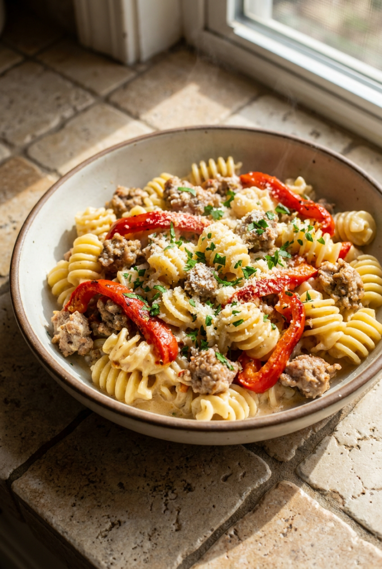 creamy sausage and roasted red pepper radiatore recipe - Creamy Sausage and Roasted Red Pepper Radiatore served in a white bowl overhead view