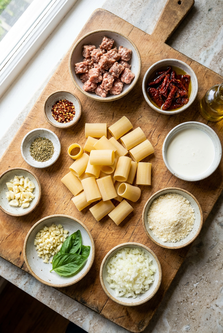 ingredients for Creamy Sausage & Sun-Dried Tomato Paccheri