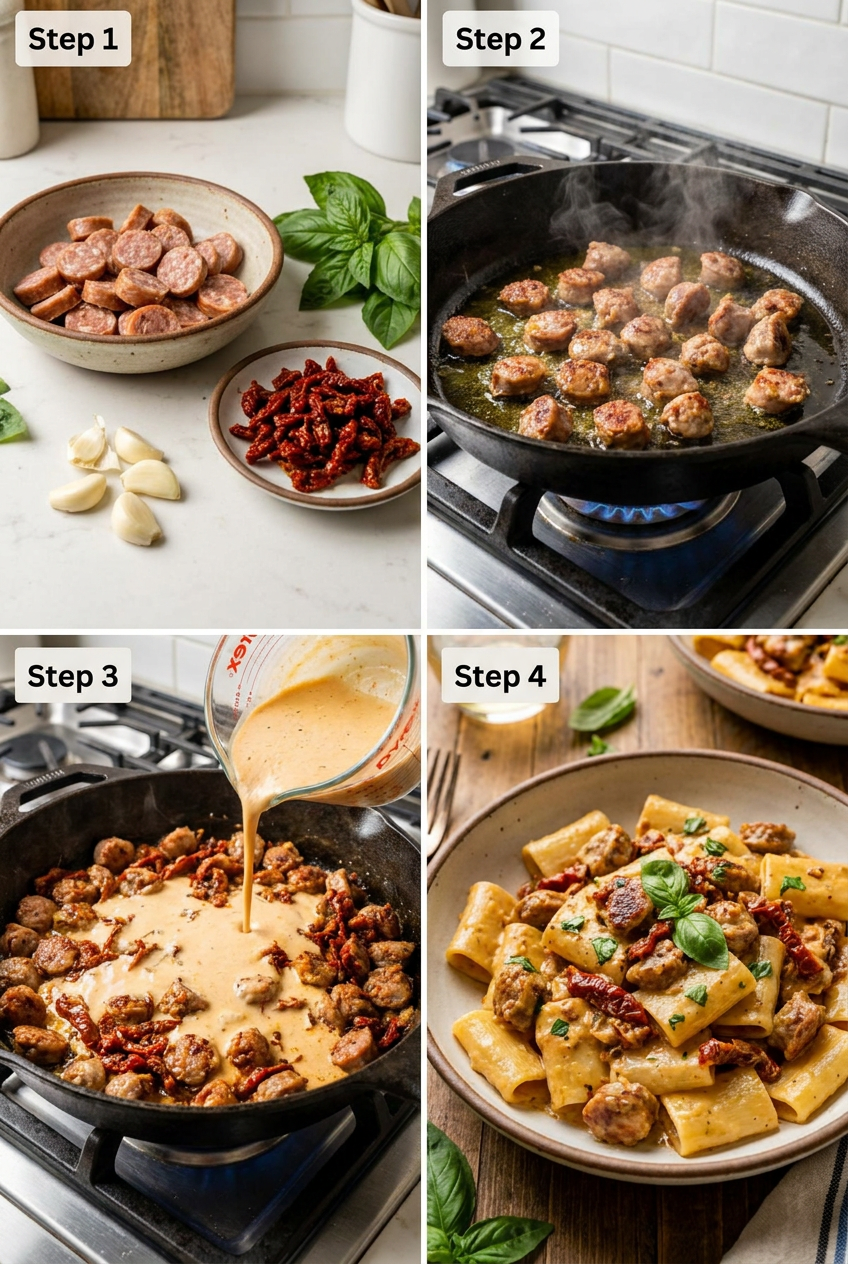 how to make Creamy Sausage & Sun-Dried Tomato Paccheri step by step