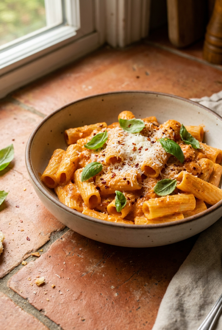 creamy spicy vodka pasta alla gigi recipe - Creamy Spicy Vodka Pasta alla Gigi served in a white bowl overhead view