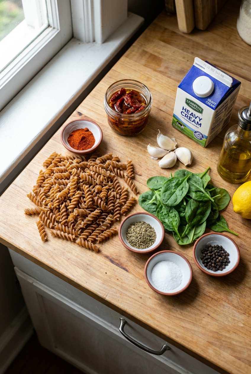 ingredients for Creamy Spinach & Sun-Dried Tomato Lentil Pasta