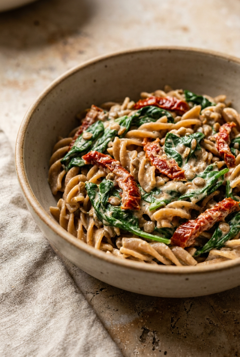 creamy spinach & sun-dried tomato lentil pasta recipe - Creamy Spinach & Sun-Dried Tomato Lentil Pasta served in a white bowl overhead view