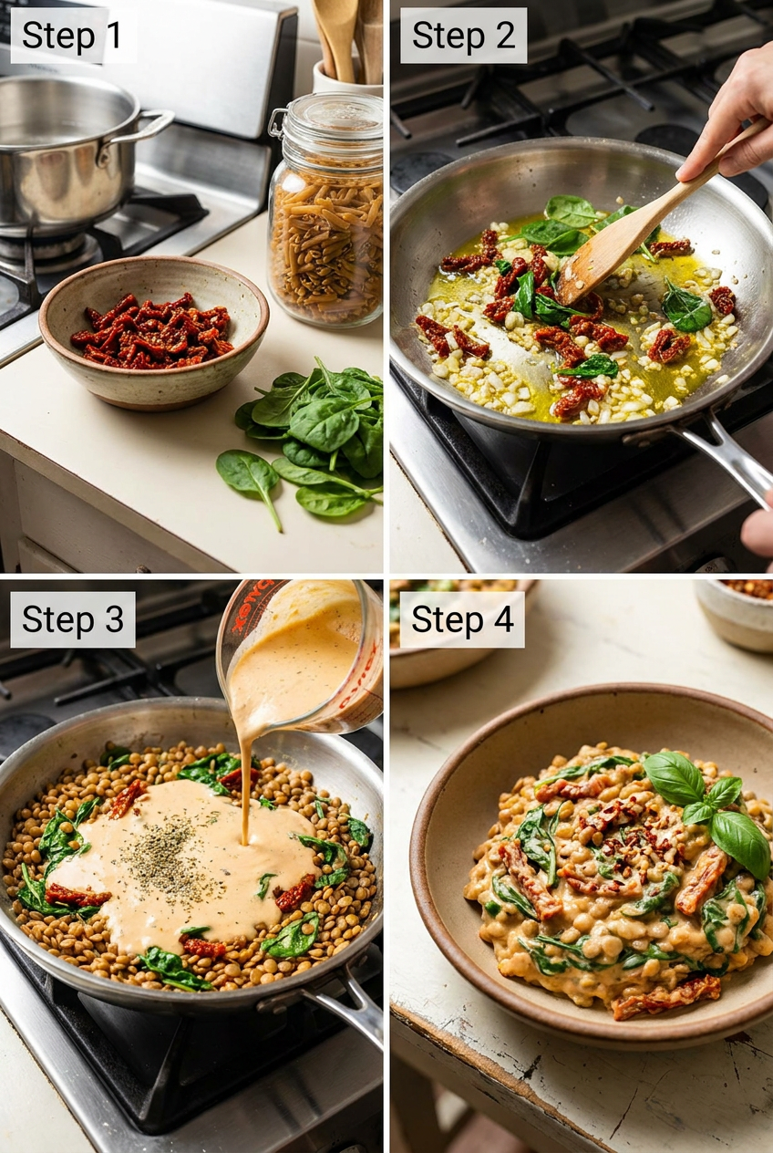 how to make Creamy Spinach & Sun-Dried Tomato Lentil Pasta step by step