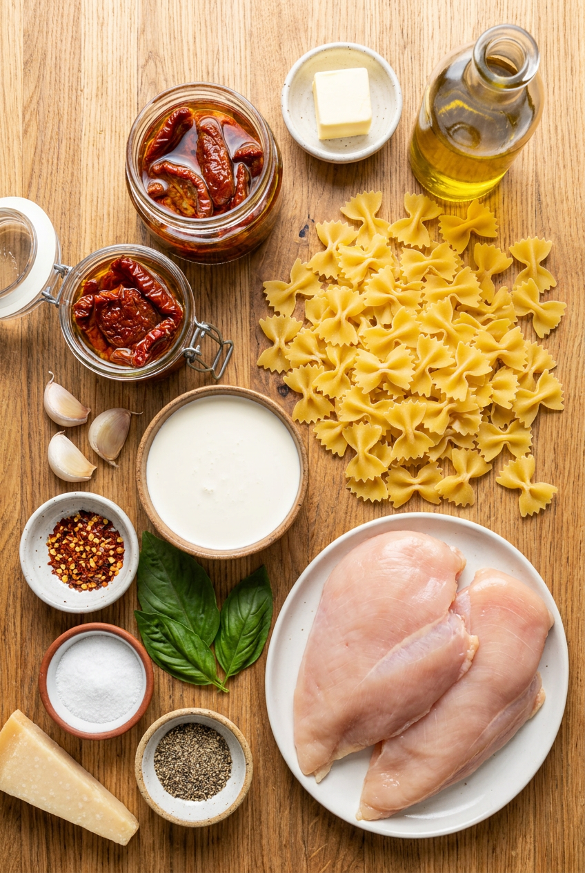 ingredients for Creamy Sun Dried Tomato and Chicken Bow Tie Pasta