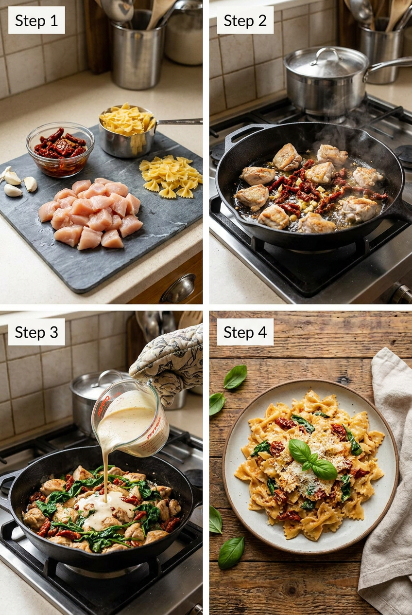 how to make Creamy Sun Dried Tomato and Chicken Bow Tie Pasta step by step