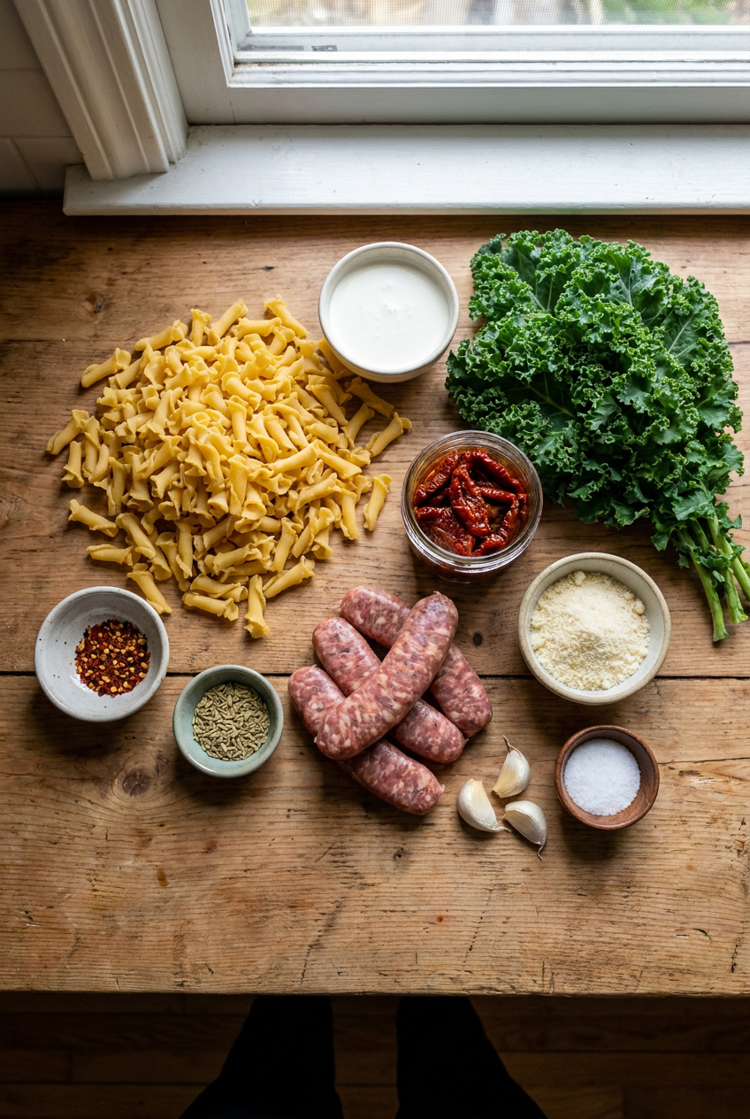 ingredients for Creamy Tuscan Campanelle with Italian Sausage and Kale