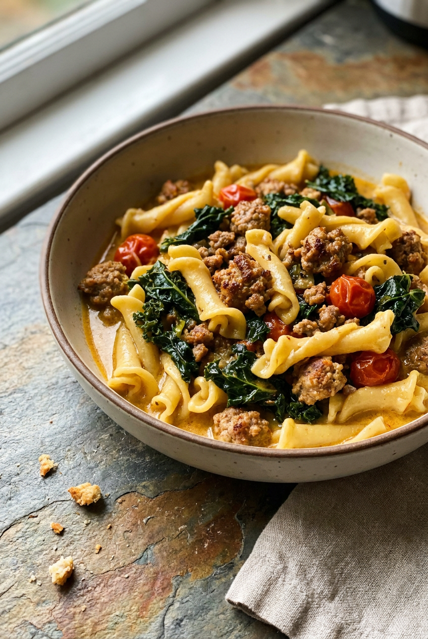 Creamy Tuscan Campanelle with Italian Sausage and Kale