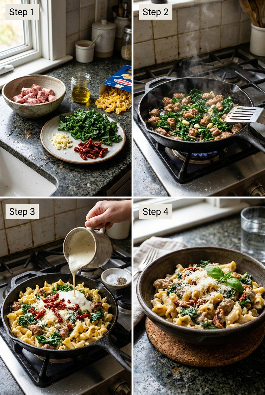 how to make Creamy Tuscan Campanelle with Italian Sausage and Kale step by step