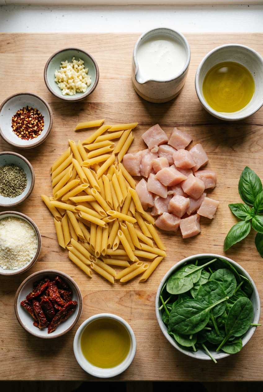 ingredients for Creamy Tuscan Chicken Pasta Bake