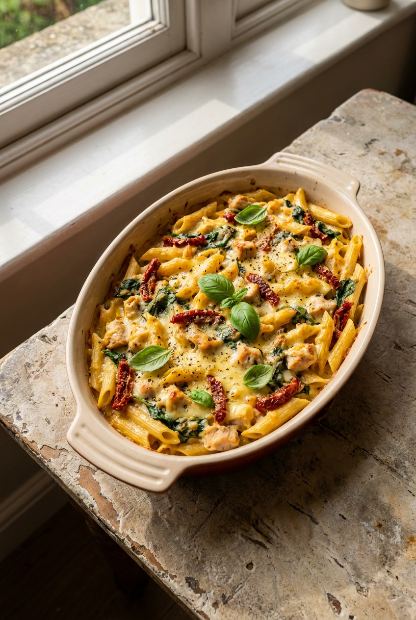 Creamy Tuscan Chicken Pasta Bake