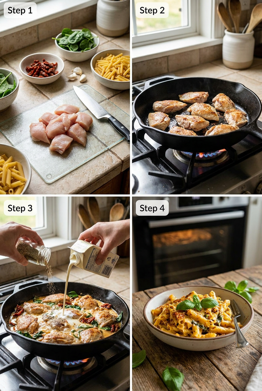 how to make Creamy Tuscan Chicken Pasta Bake step by step