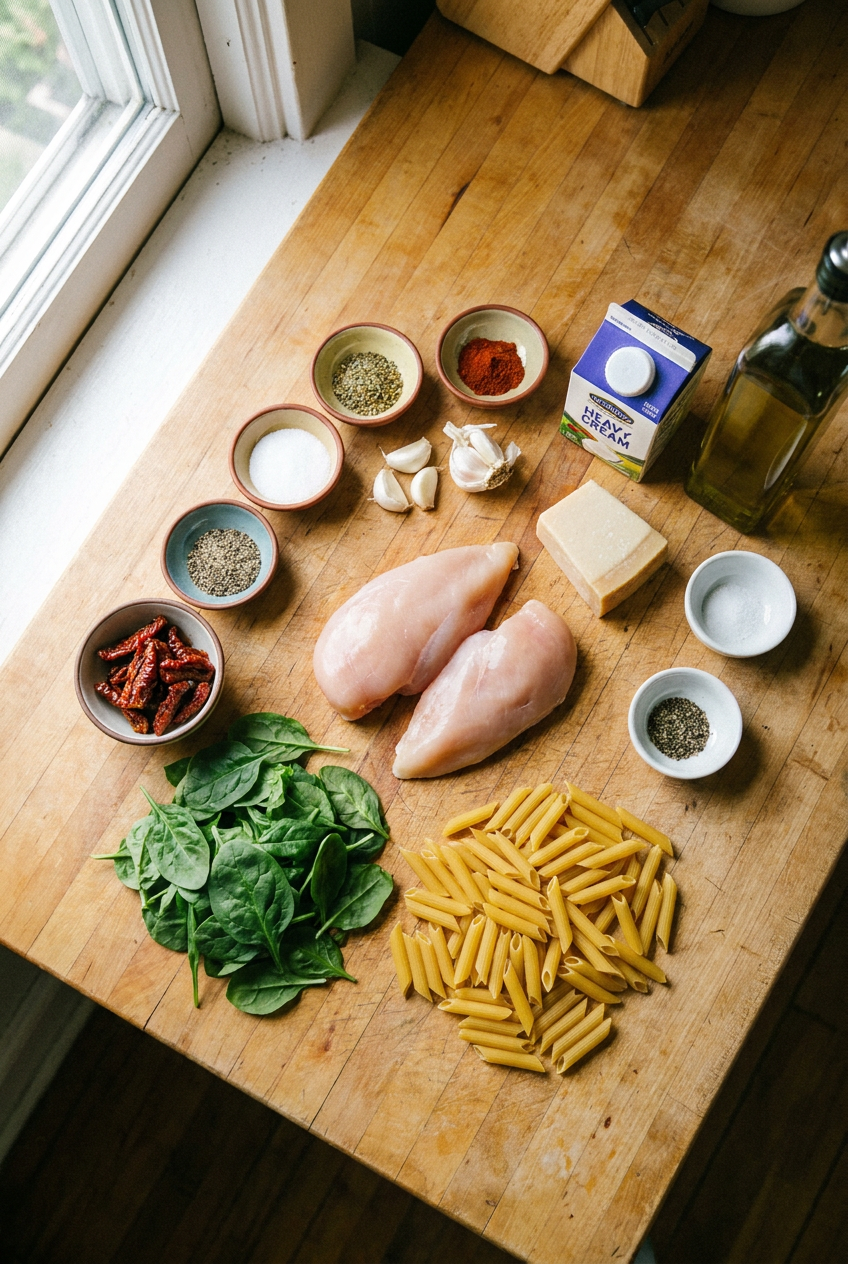 ingredients for Creamy Tuscan Chicken Pasta