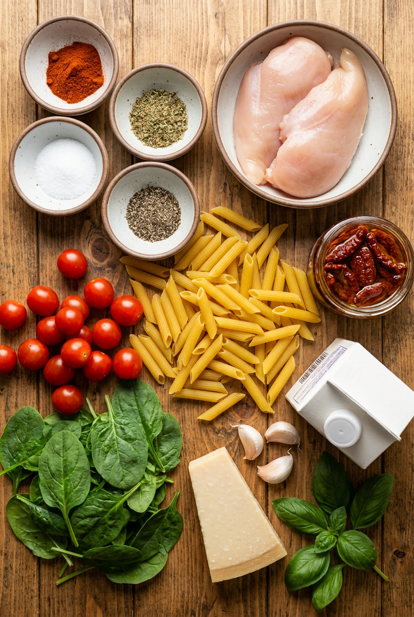 ingredients for Creamy Tuscan Chicken Pasta