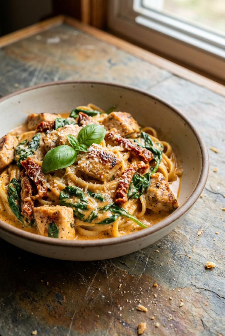 creamy tuscan chicken pasta recipe - Creamy Tuscan Chicken Pasta served in a white bowl overhead view