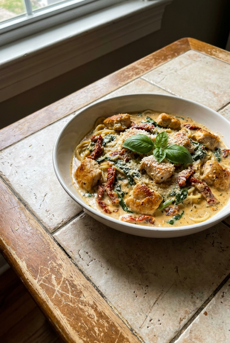 creamy tuscan chicken pasta recipe - Creamy Tuscan Chicken Pasta served in a white bowl overhead view