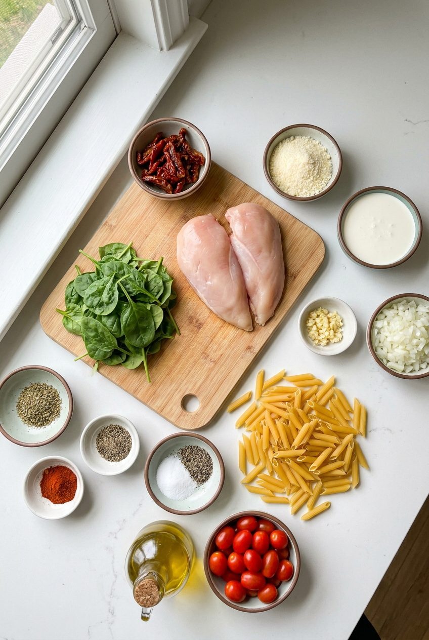 ingredients for Creamy Tuscan Chicken Penne