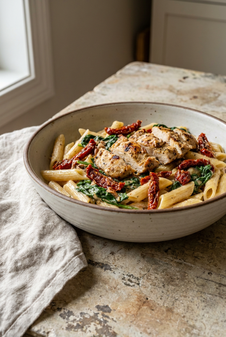 creamy tuscan chicken penne recipe - Creamy Tuscan Chicken Penne served in a white bowl overhead view