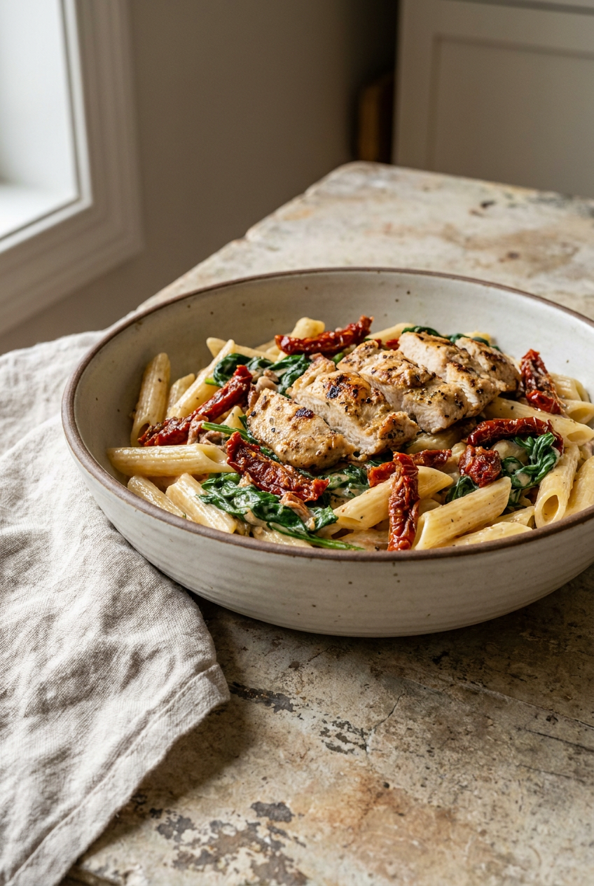 creamy tuscan chicken penne recipe - Creamy Tuscan Chicken Penne served in a white bowl overhead view