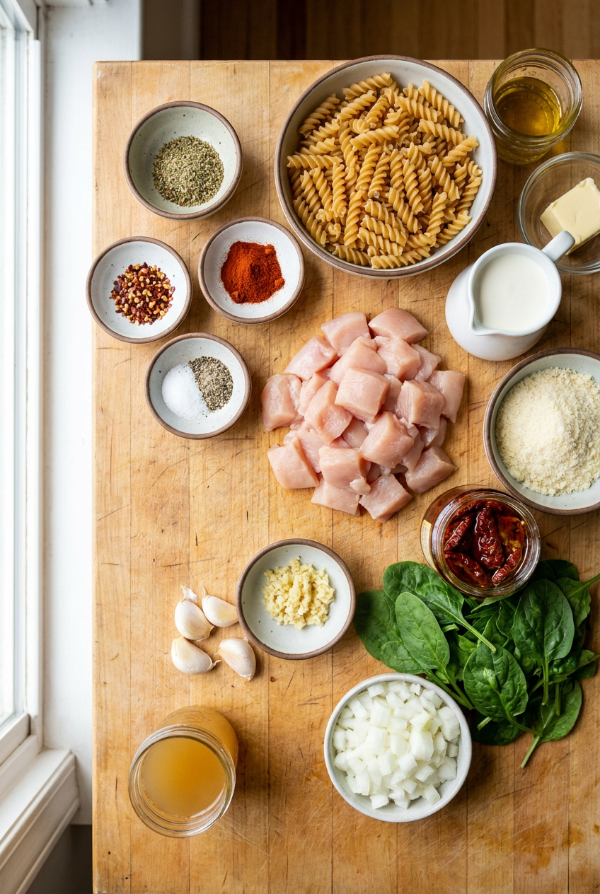 ingredients for Creamy Tuscan Chicken Protein Pasta