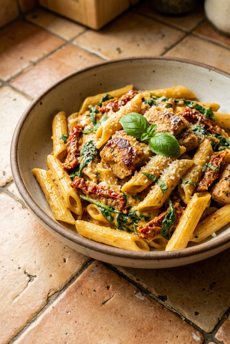 creamy tuscan chicken protein pasta recipe - Creamy Tuscan Chicken Protein Pasta served in a white bowl overhead view