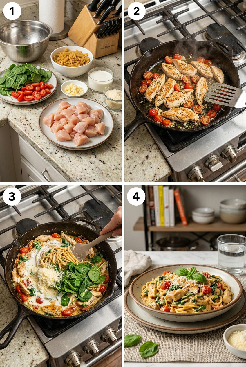 how to make Creamy Tuscan Chicken Protein Pasta step by step