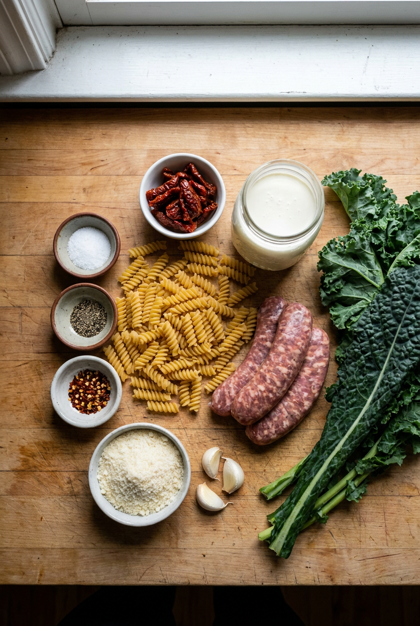 ingredients for Creamy Tuscan Fusilli with Sausage and Kale
