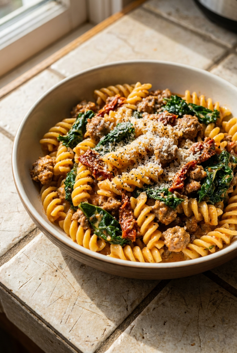 creamy tuscan fusilli with sausage and kale recipe - Creamy Tuscan Fusilli with Sausage and Kale served in a white bowl overhead view