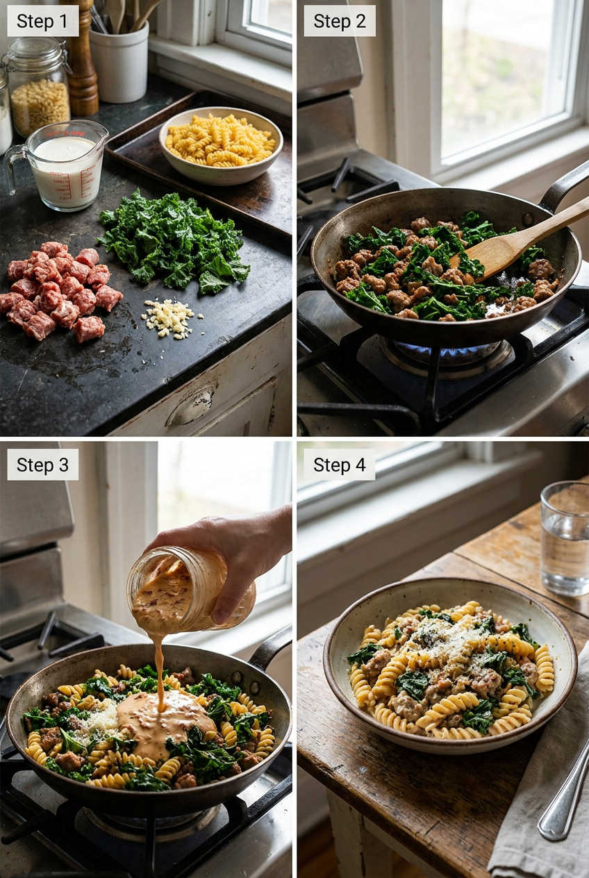 how to make Creamy Tuscan Fusilli with Sausage and Kale step by step