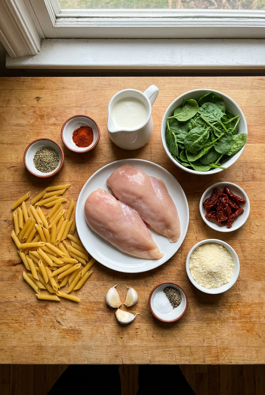 ingredients for Creamy Tuscan Garlic Chicken Pasta