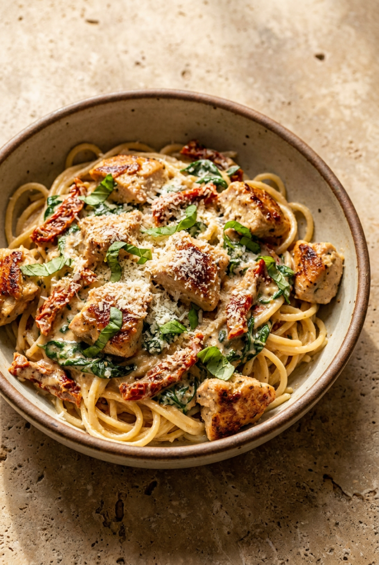 creamy tuscan garlic chicken pasta recipe - Creamy Tuscan Garlic Chicken Pasta served in a white bowl overhead view