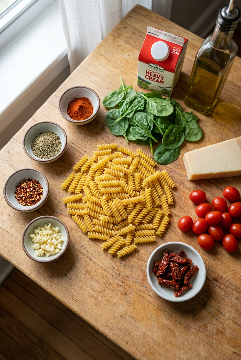 ingredients for Creamy Tuscan Rotini Pasta