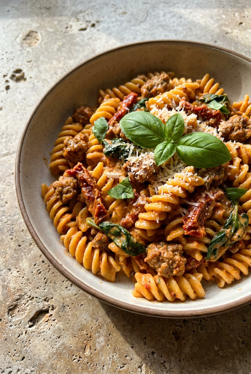 creamy tuscan rotini pasta recipe - Creamy Tuscan Rotini Pasta served in a white bowl overhead view