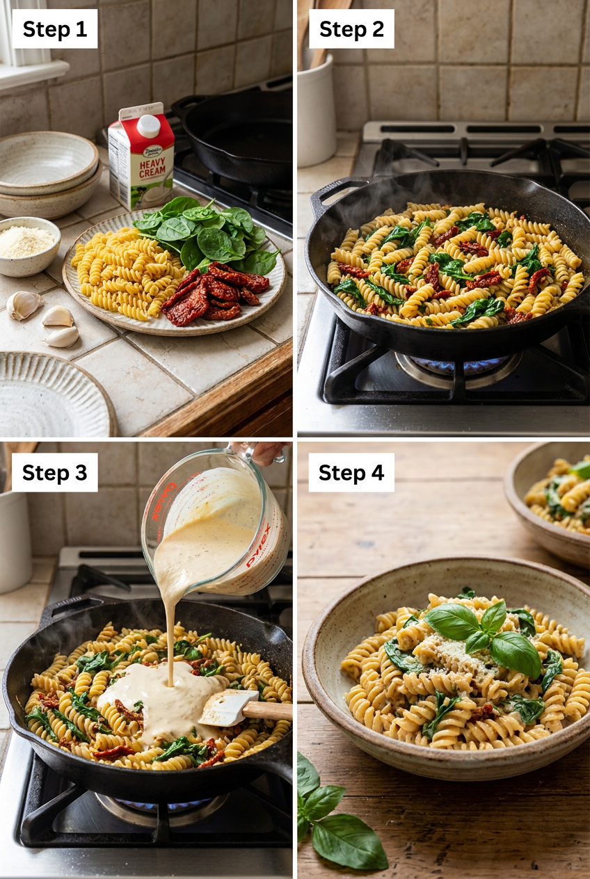 how to make Creamy Tuscan Rotini Pasta step by step