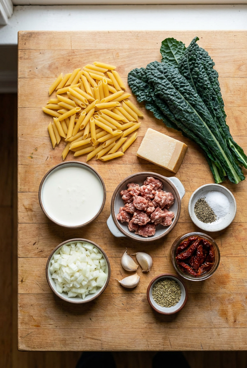 ingredients for Creamy Tuscan Sausage & Kale Pasta