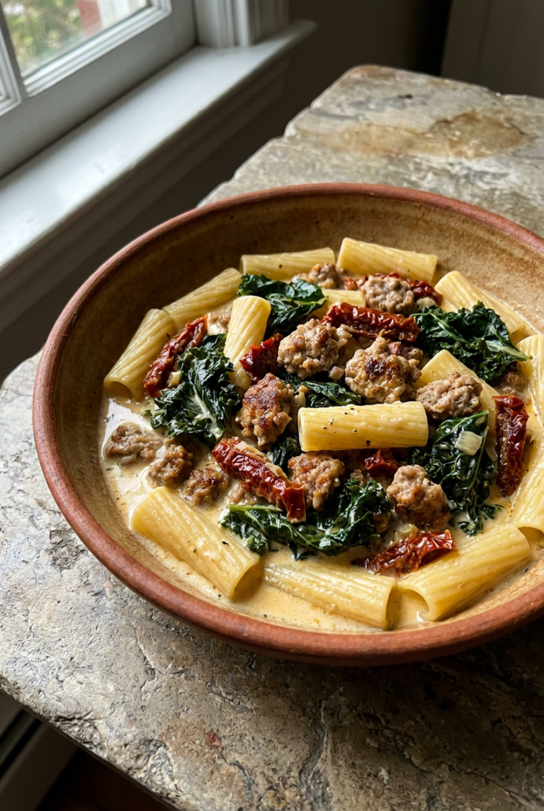 creamy tuscan sausage & kale pasta recipe - Creamy Tuscan Sausage & Kale Pasta served in a white bowl overhead view