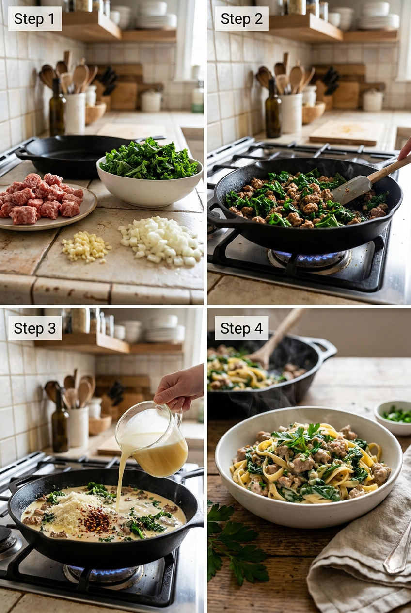 how to make Creamy Tuscan Sausage & Kale Pasta step by step