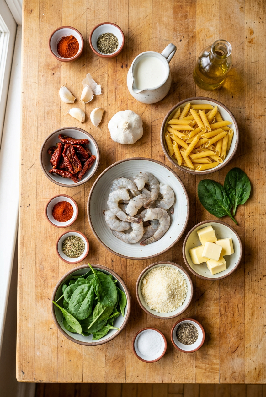 ingredients for Creamy Tuscan Shrimp Pasta